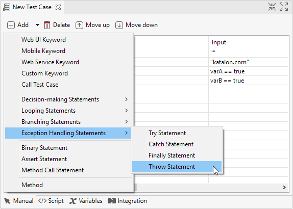 Exception Handling Statements from command toolbar