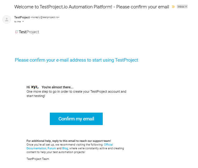 TestProjects Confirm Email Page confirms TestProject Setup