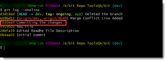 git log oneline command executed again
