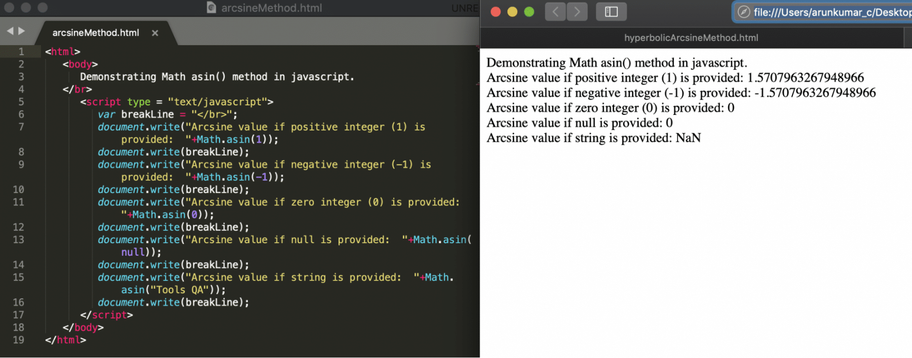 asin method of math object in Javascript