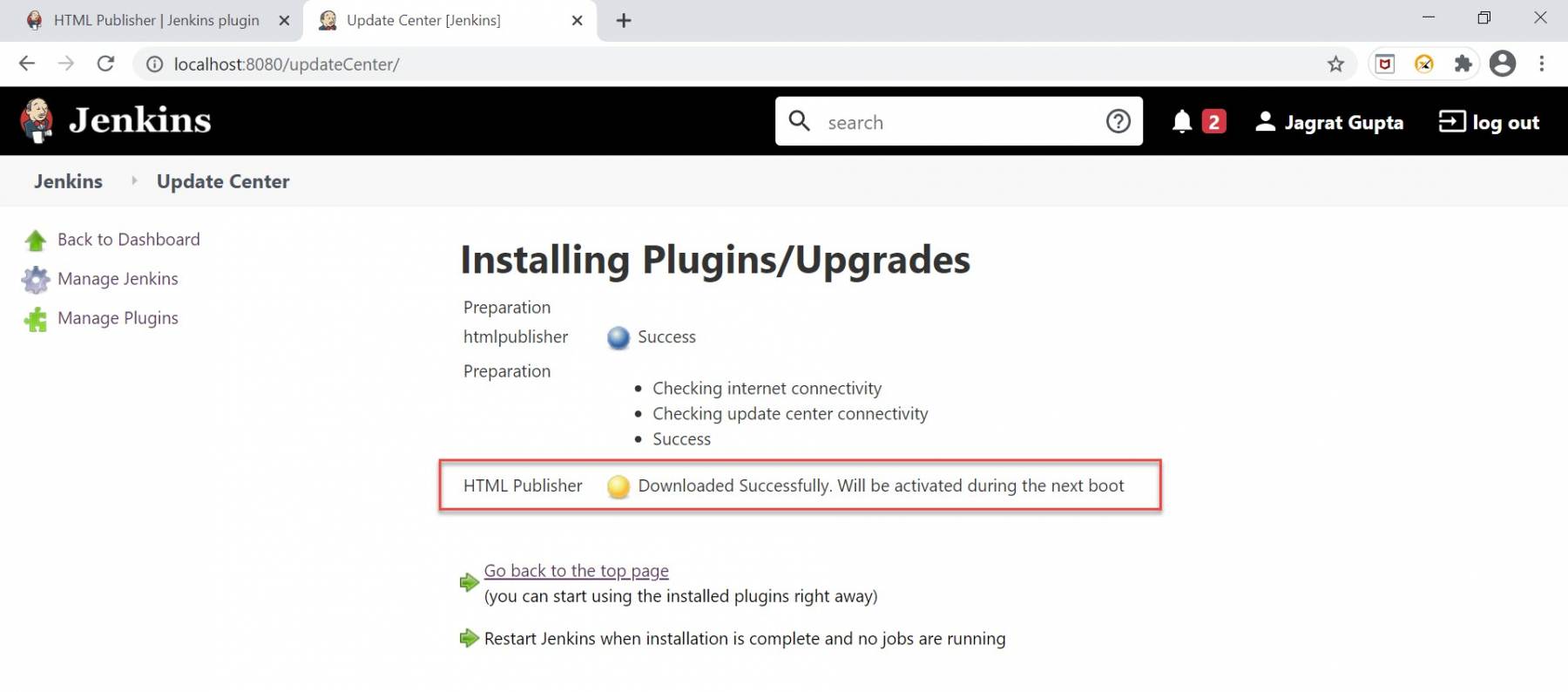 Jenkins Manage Plugins Successful upgrade of plugin