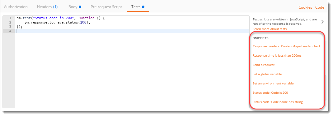 Snippets For Test Code In Postman