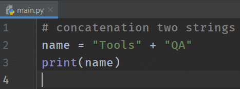 Code reflecting usage of Python String Concatenation operator