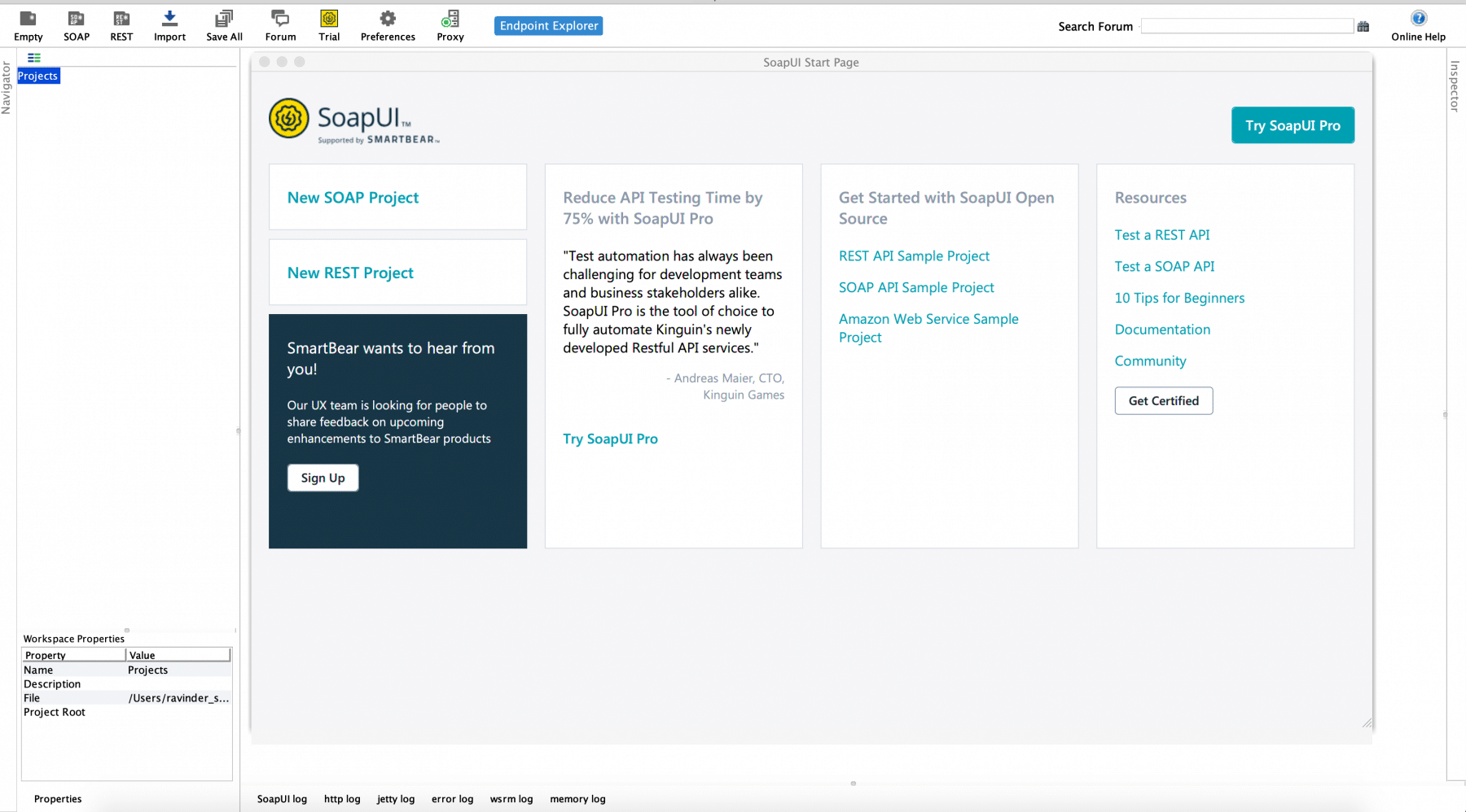 SoapUI First Screen