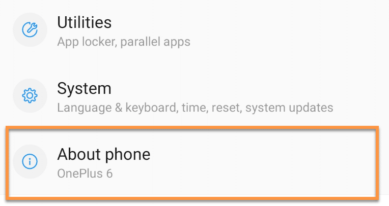 Selecting About Phone option on Android