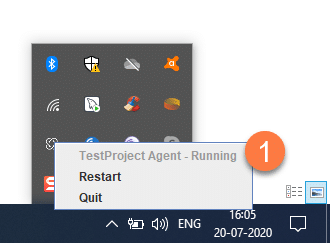 TestProject Agent Status System Tray on Windows after successful installation and setup