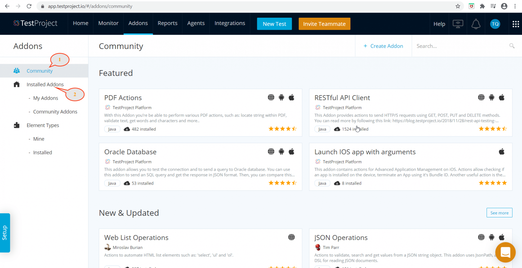 Addons section in TestProject
