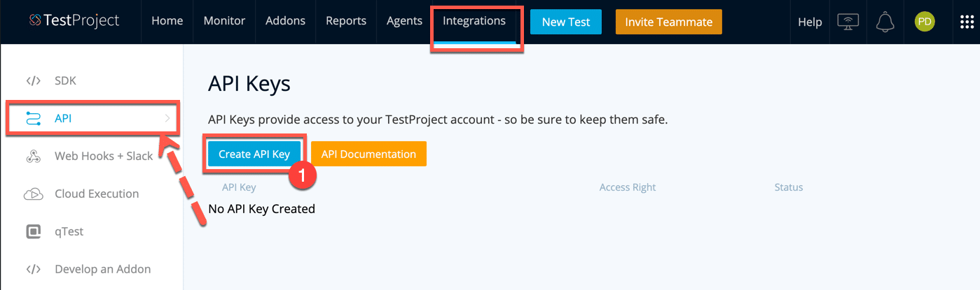 TestProject Docker Agent Create API Key