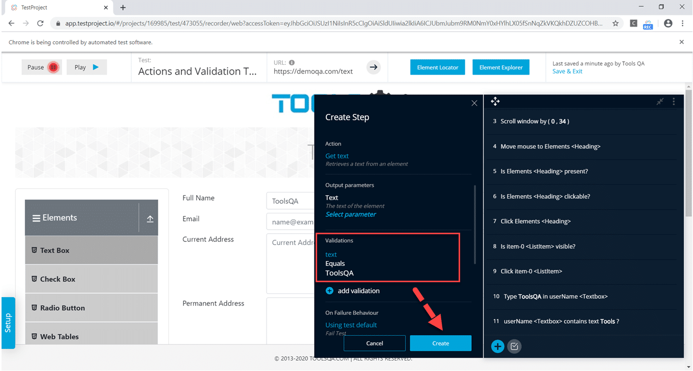 Validation added and click on create button