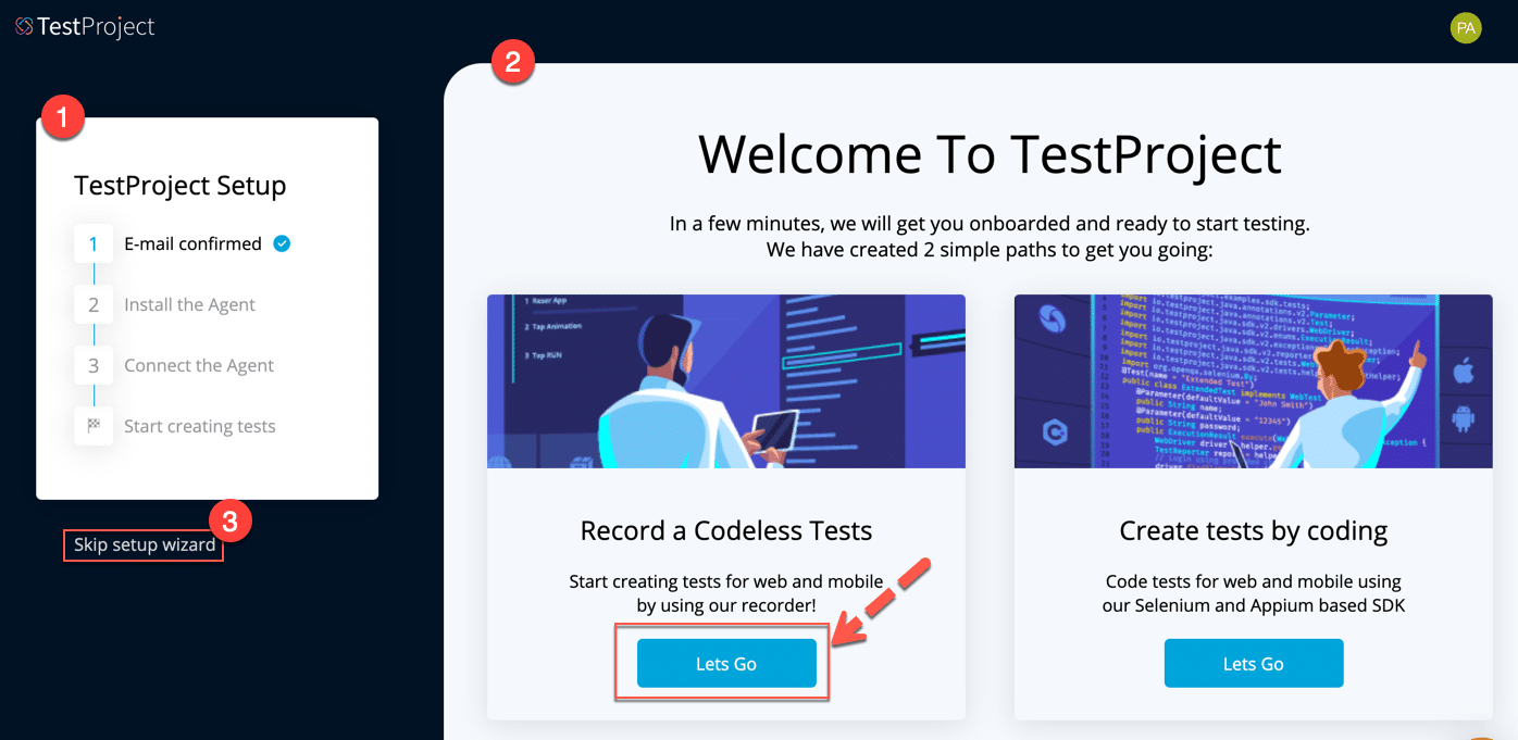 Components of Welcome Screen In TestProjects before Setup