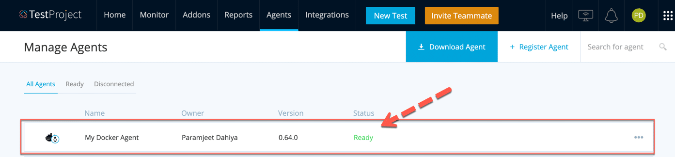 TestProject Docker container running as Test Agent