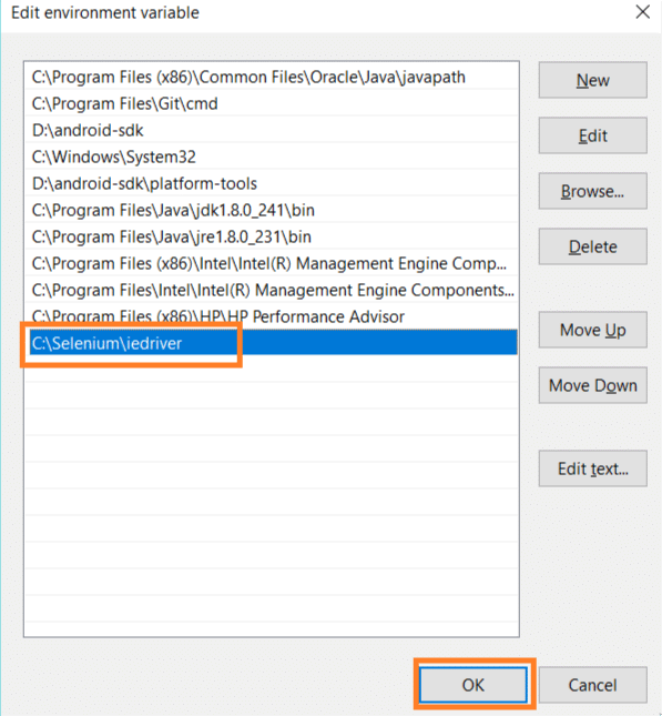 Run Selenium tests on Internet Explorer: Add path of IE Driver folder