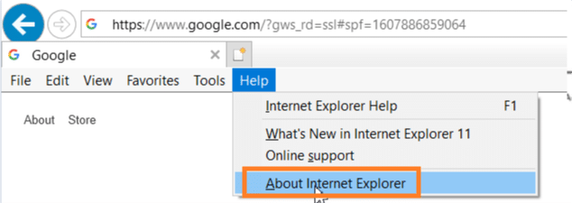 IE About Internet Explorer sub menu