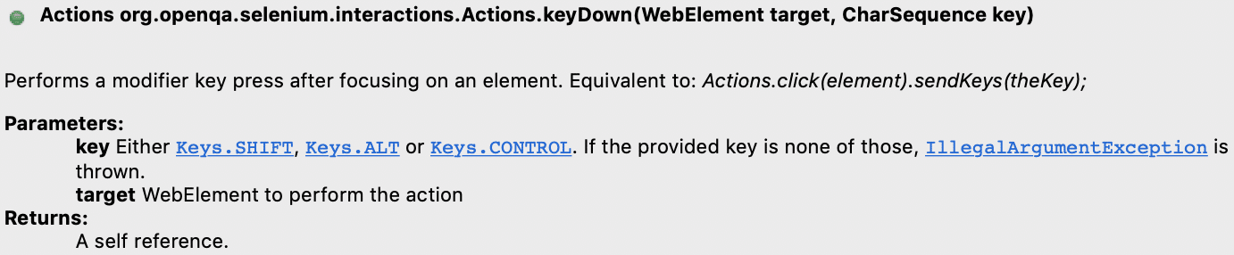 Overloaded keyDown method of Actions class in Selenium WebDriver