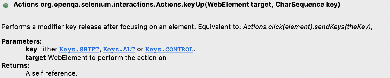 Overloaded keyUp method of Actions class in Selenium WebDriver